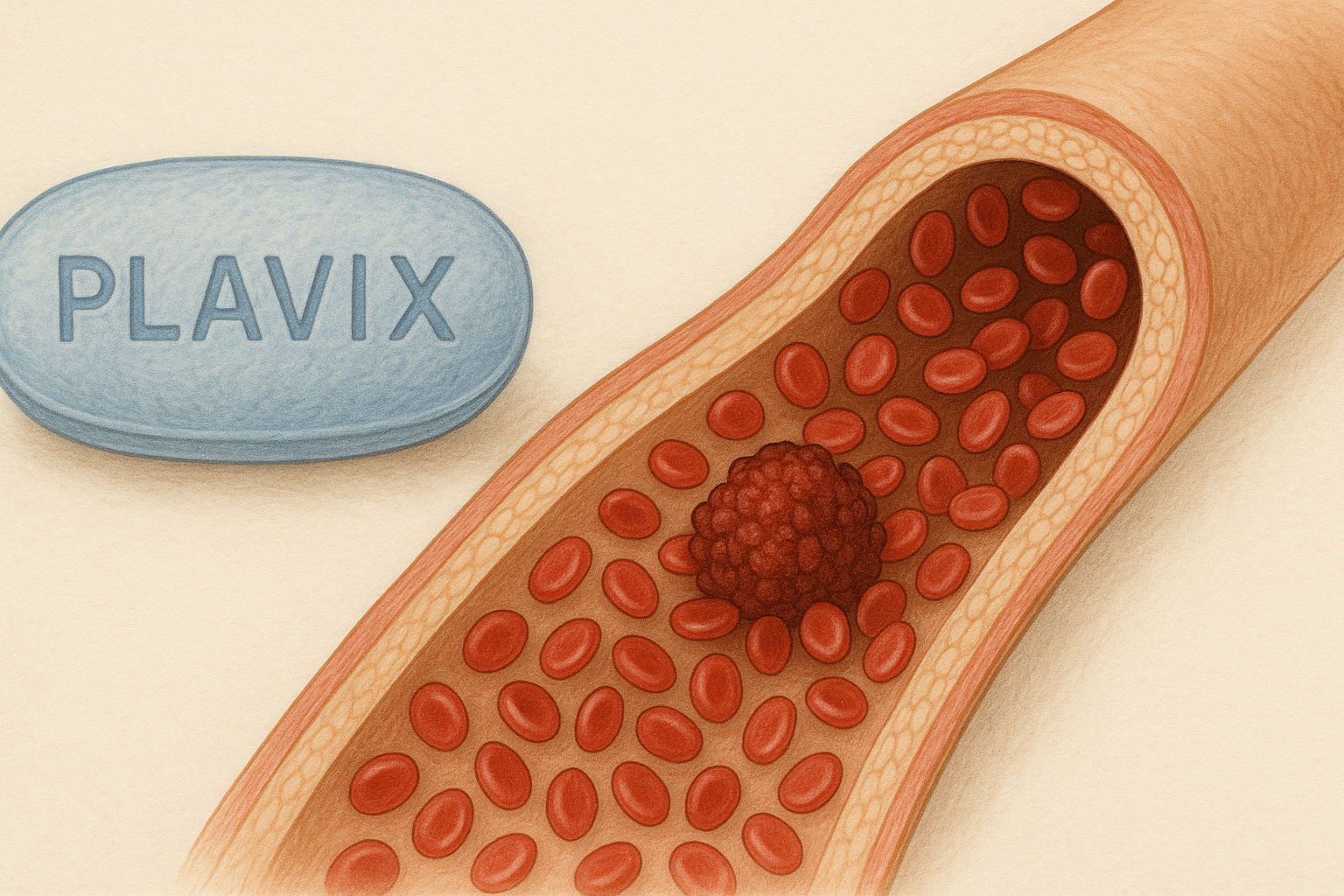 Illustrasjon av blodåre med blodpropp og en blodfortynnende tablett ved siden av, som viser hvordan medisin kan hindre blodpropp.