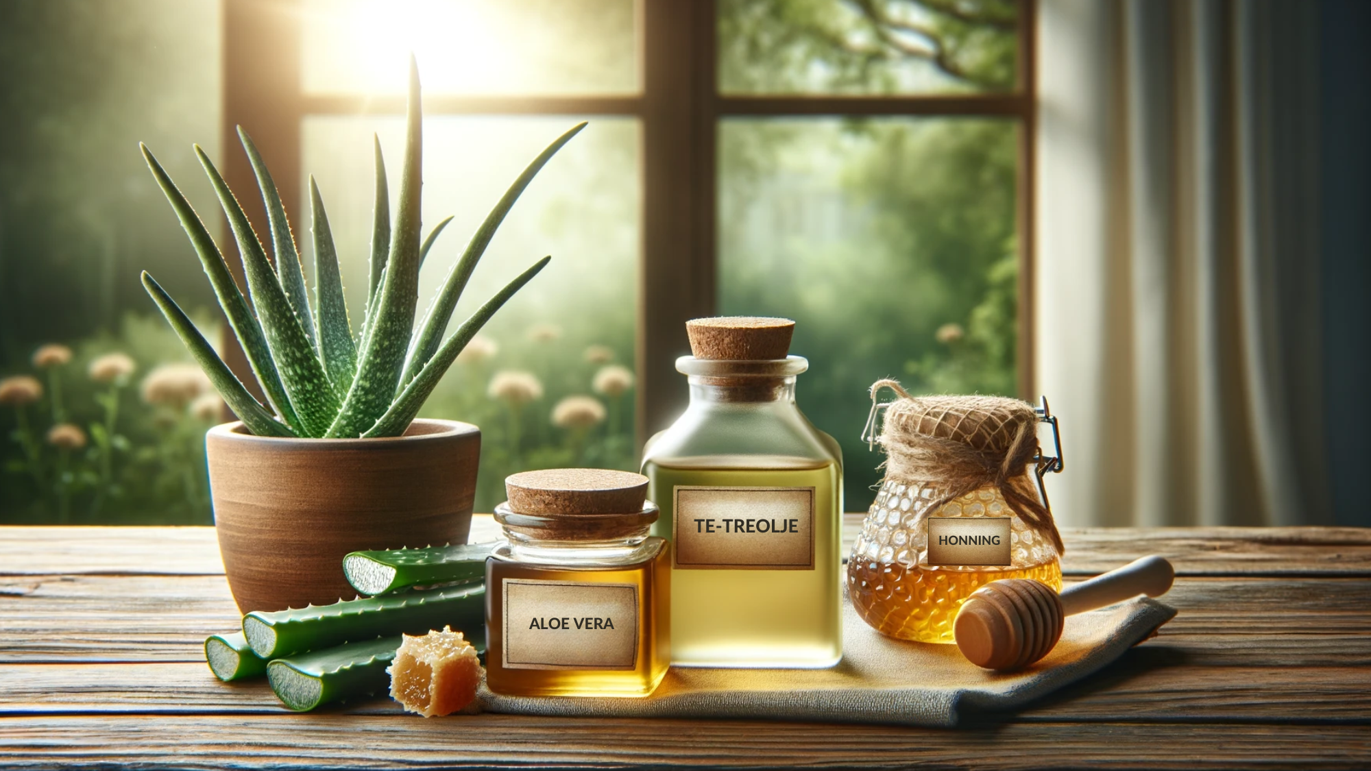 Naturlige remedier mot munnsår: te-treolje, aloe vera og honning på et bord med naturlig bakgrunn.