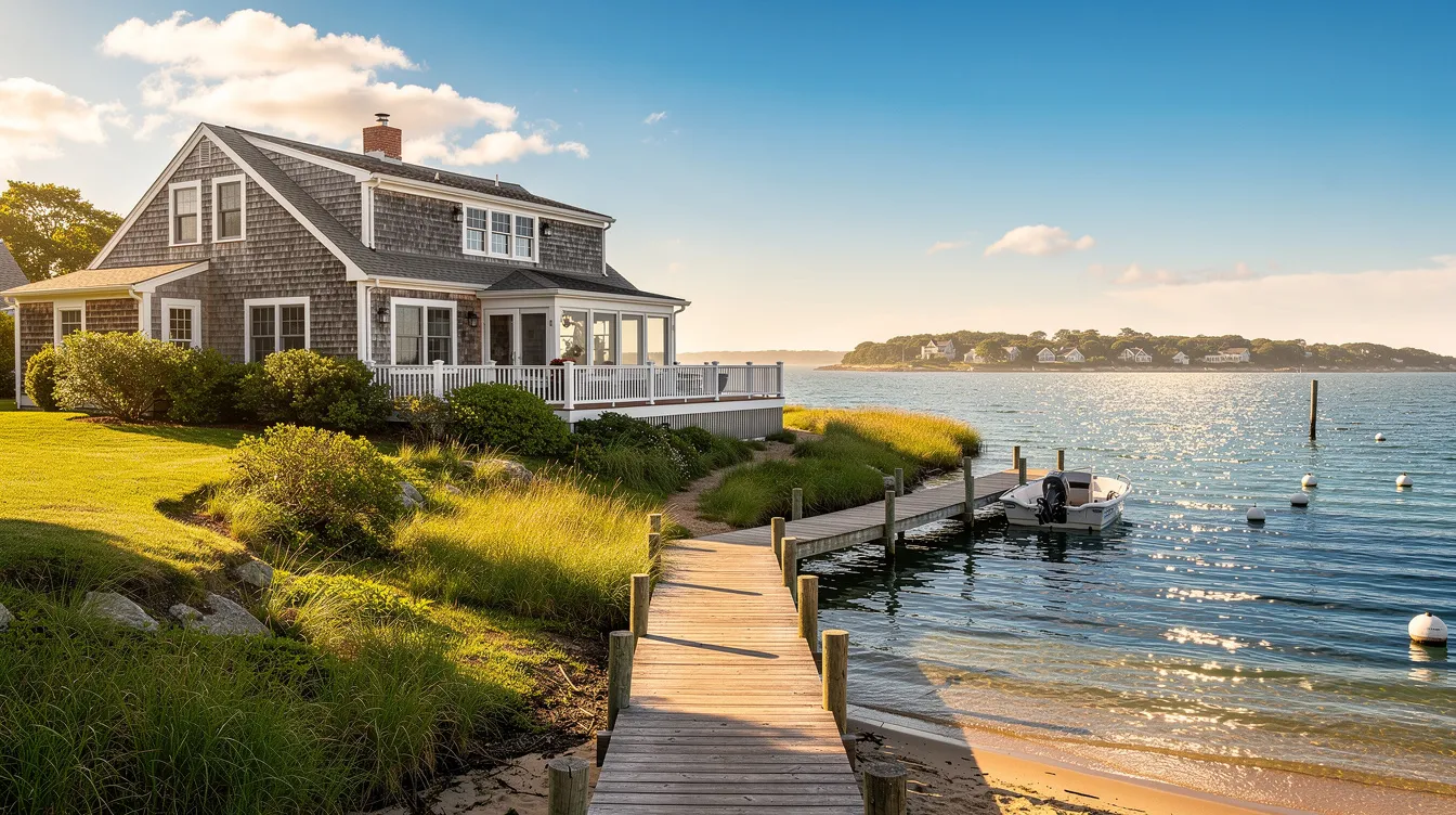 The image depicts a picturesque waterfront property on Cape Cod, featuring a charming dock that extends into the sparkling water under a bright summer sun. This idyllic setting is perfect for real estate investors looking for prime investment properties in Massachusetts.
