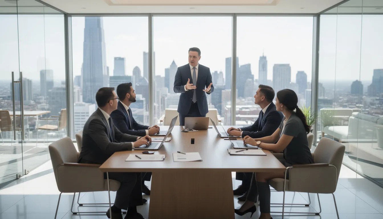 Na zdjęciu przedstawiono profesjonalne spotkanie biznesowe w nowoczesnym biurze, gdzie kilka osób dyskutuje o możliwościach skorzystania z faktoringu eksportowego, aby zwiększyć płynność finansową swoich firm. W tle widać eleganckie meble biurowe oraz sprzęt multimedialny, co podkreśla nowoczesny charakter miejsca.