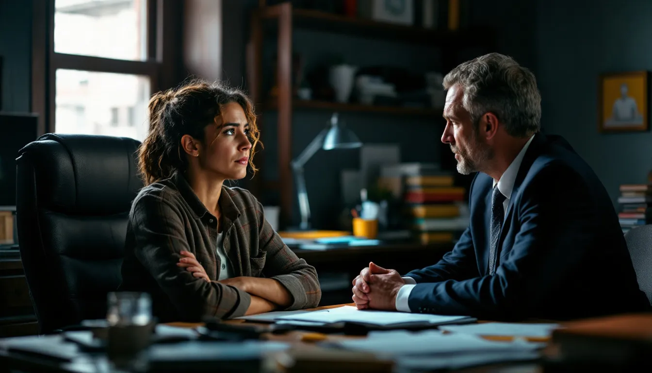 A concerned tenant consulting with a lawyer about landlord violations.