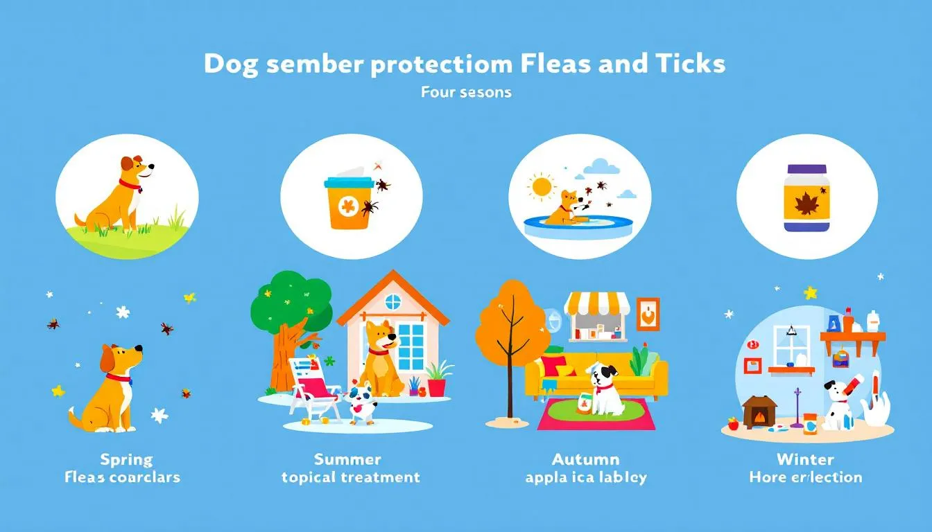 A dog being protected from fleas and ticks during different seasons.