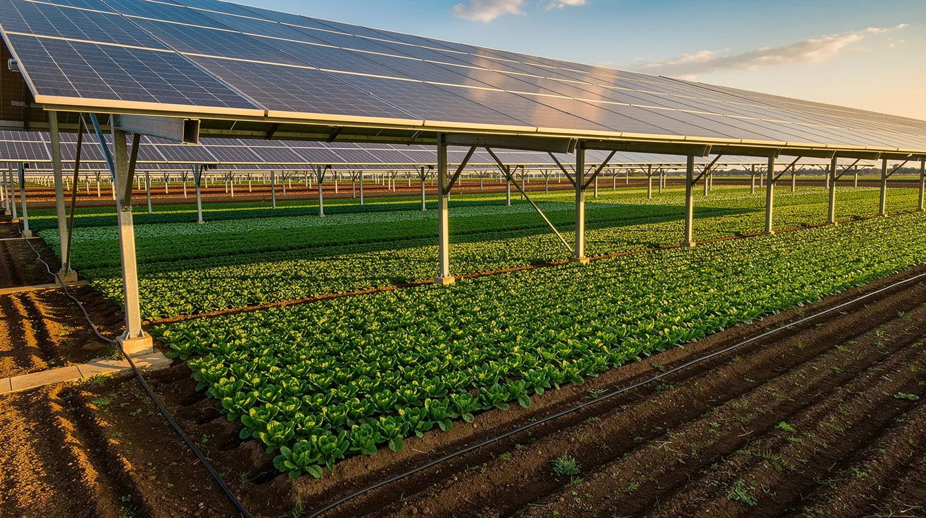 The image features solar panels installed above a vibrant agricultural farmland, where various crops are thriving underneath. This setup exemplifies sustainable farming practices, promoting both renewable energy and the growth of organic produce, which aligns with profitable agricultural business ideas.