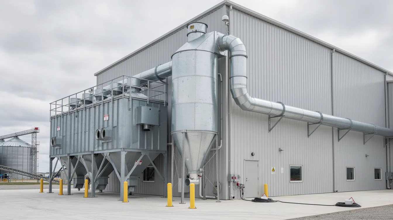 The image depicts an industrial dust collection and cyclone system installed on the exterior of a grain processing building, essential for maintaining dust control and ensuring regulatory compliance in the dal mill business. This system plays a crucial role in sustainable growth and efficient operations within the largest food processing business, supporting the entire process of pulse milling and food safety.