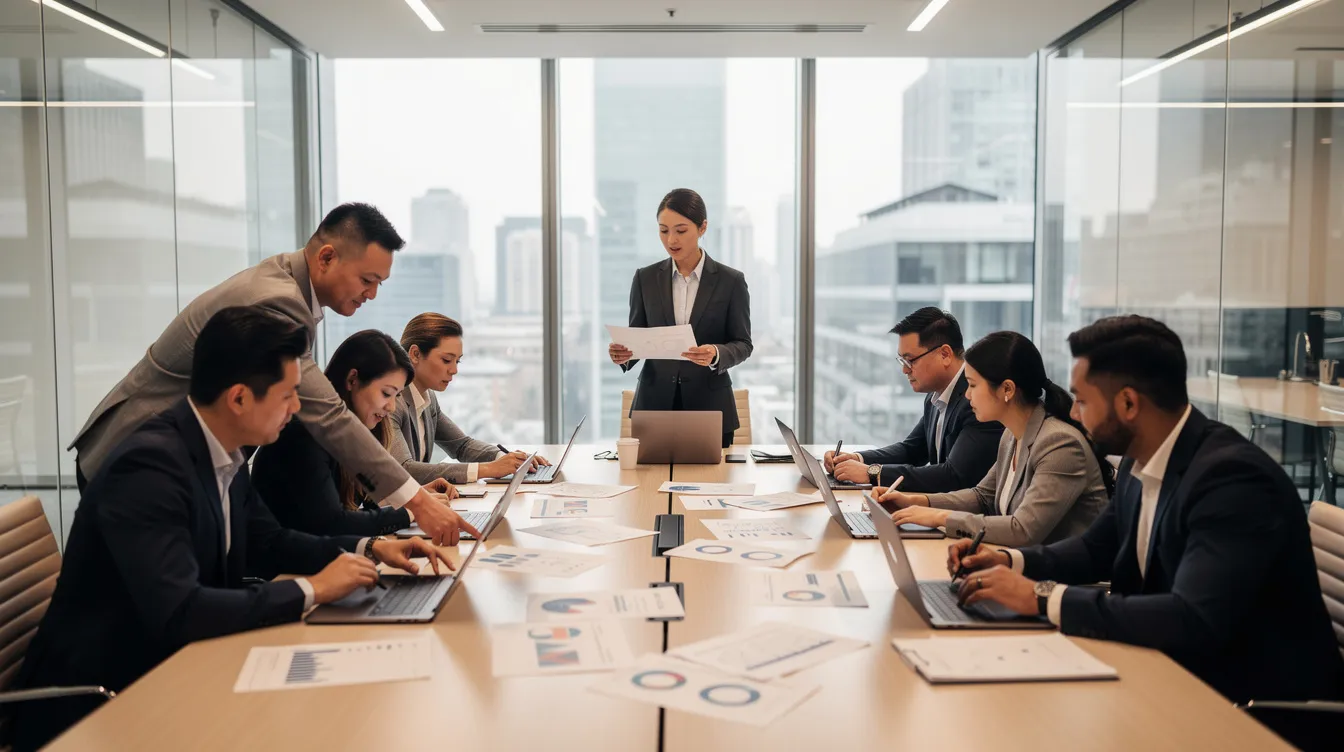 In a modern conference room, a group of professionals is gathered around a large table, reviewing important documents related to investment advisory agreements and compliance matters. They are likely discussing the implications of federal and state securities laws, as well as the legal compliance required for registered investment advisers and private equity funds.