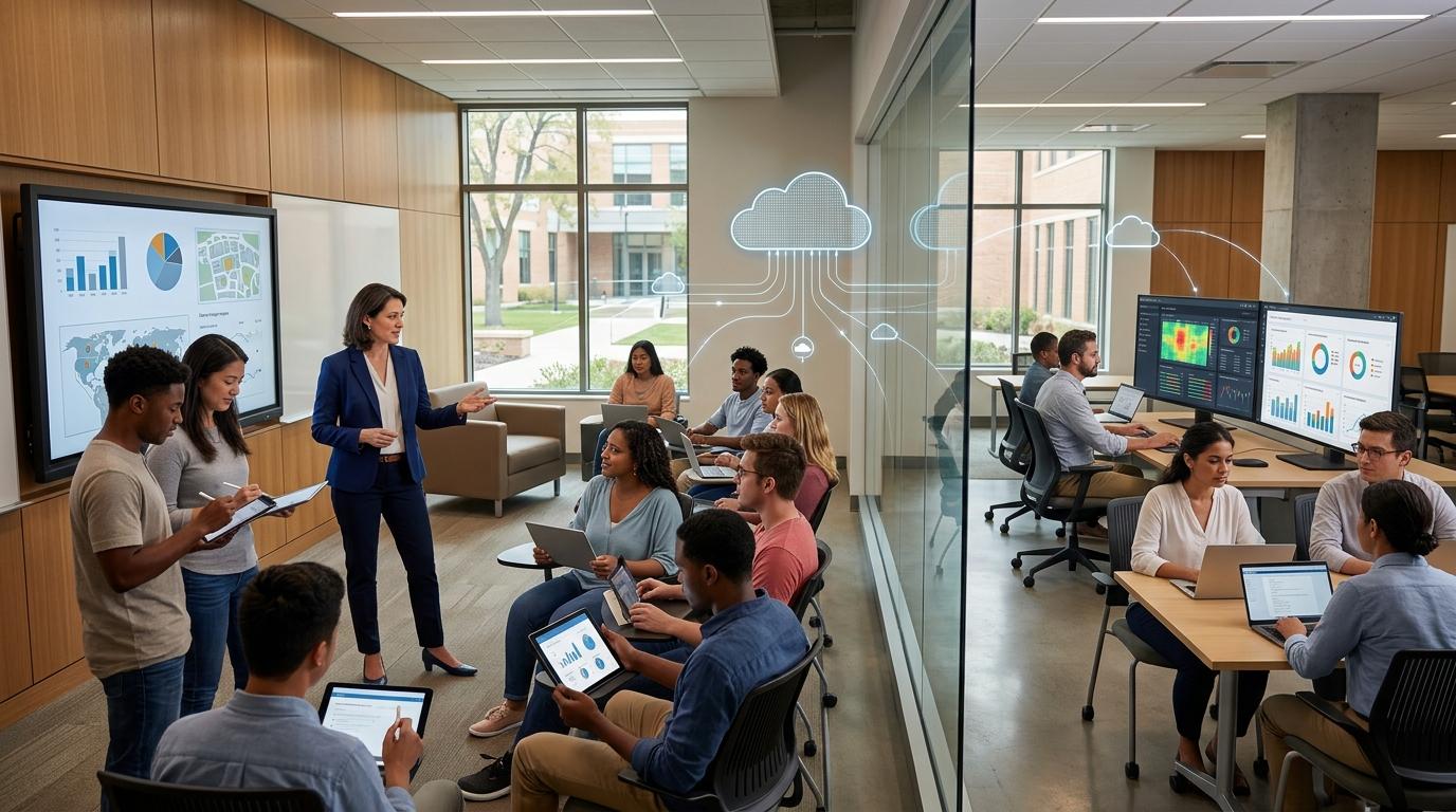 Professional classroom and university workspace connected through cloud-based education technology, highlighting productivity, assessment insights, and teaching efficiency.