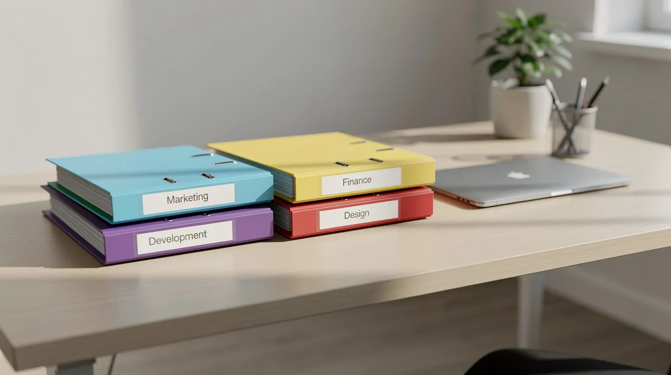 A clean and organized desk features labeled folders with color-coded tabs, neatly arranged to represent different project categories, reflecting a well-structured project management system. This setup promotes effective code organization and adherence to coding standards, ensuring that project-specific rules are easily accessible.