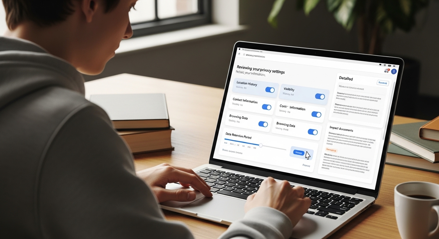 Student managing personal data permissions through a clean interface, adjusting visibility and usage settings.