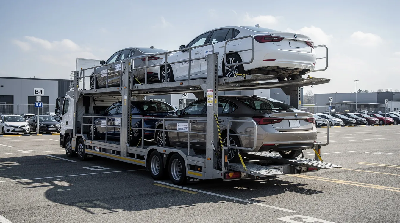 An open multi-level car carrier trailer is parked at a staging area, showcasing a variety of rental sedans ready for shipment. This vehicle transport setup highlights the efficiency of the rental car industry in delivering vehicles to their new destinations while ensuring customer satisfaction and safety.