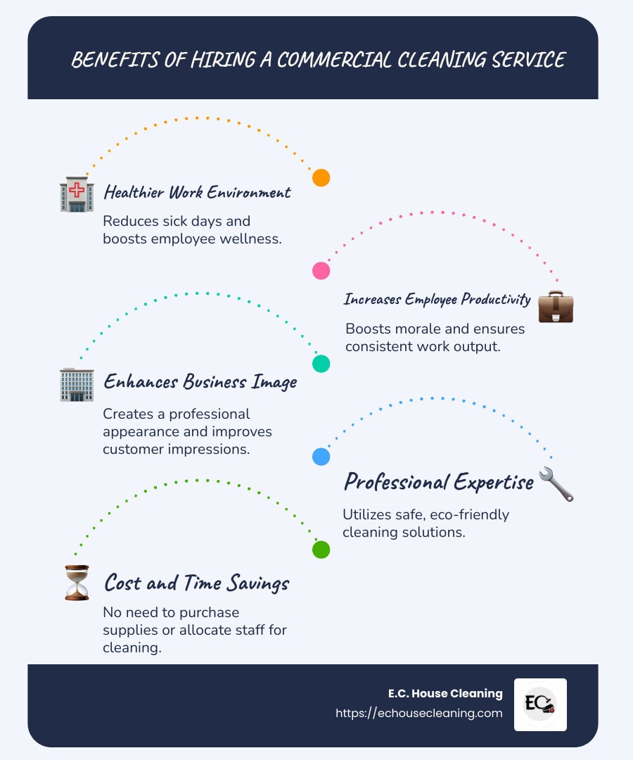 Infographic of Benefits of Hiring a Commercial Cleaning Service - why hire a commercial cleaning service infographic infographic-line-5-steps-blues-accent_colors