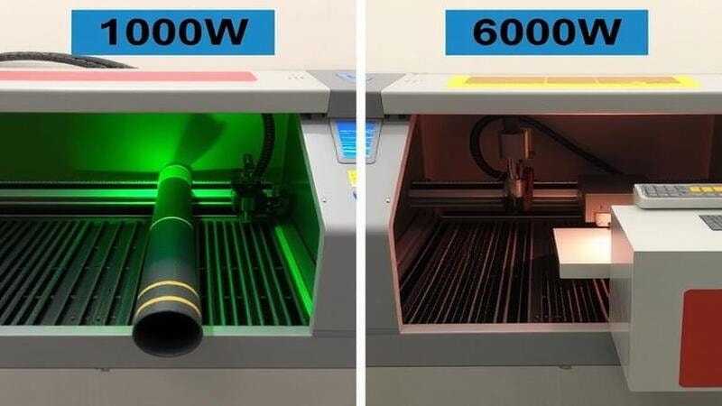 Two laser cutters side by side: one struggling to cut a thick tube, the other cutting cleanly.
