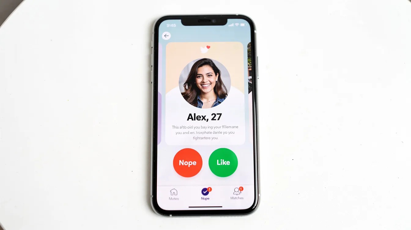 The image shows a smartphone featuring a user-friendly dating app interface with various profile cards displayed, highlighting user profiles and potential matches. This free dating app emphasizes finding meaningful connections through advanced filters and user preferences.