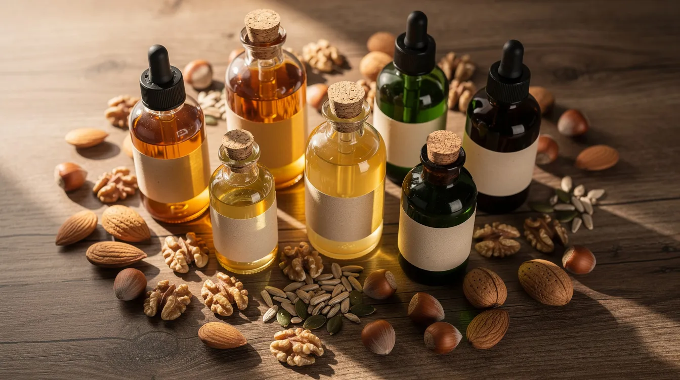 The image features an assortment of natural oil bottles, including coconut oil and argan oil, neatly arranged on a rustic wooden surface, accompanied by scattered nuts and seeds. This display showcases various hair oils that can enhance shine, reduce frizz, and promote healthy hair for different hair types, from fine to coarse.