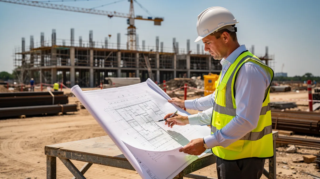 A professional engineer is intently examining building blueprints on a construction site, surrounded by various construction materials and equipment. This scene highlights the importance of detailed analysis in cost segregation studies, which can unlock significant tax savings for real estate investors.