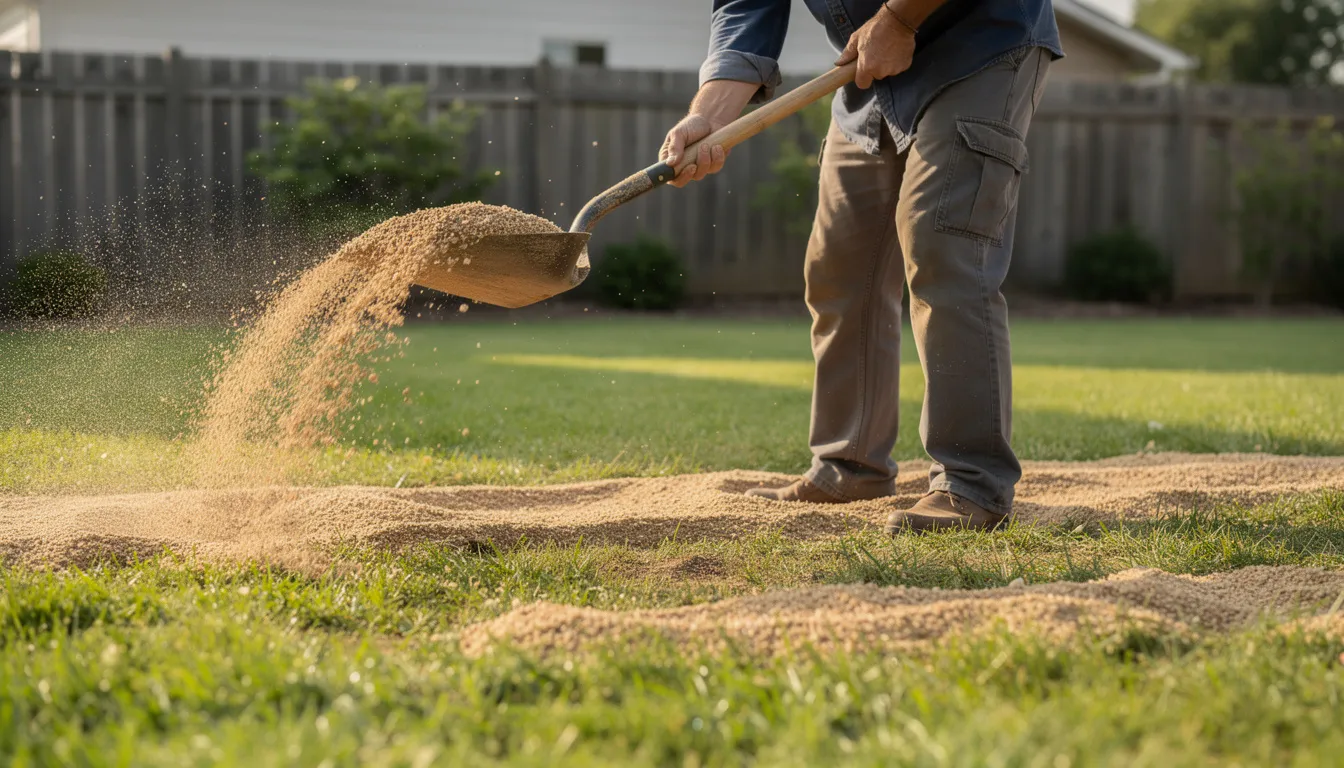 A person is spreading sandy top dressing material across a lush green lawn using a shovel, aiming to improve the lawn's appearance and promote healthy grass growth. The sandy dressing helps level the surface and enhance soil structure for better drainage and moisture retention.