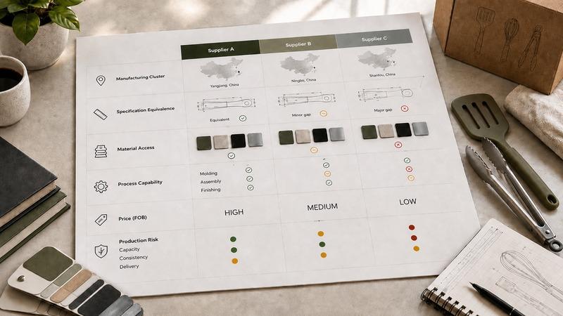 A supplier comparison map covering manufacturing cluster, specification equivalence, material access, process capability, price, and production risk.