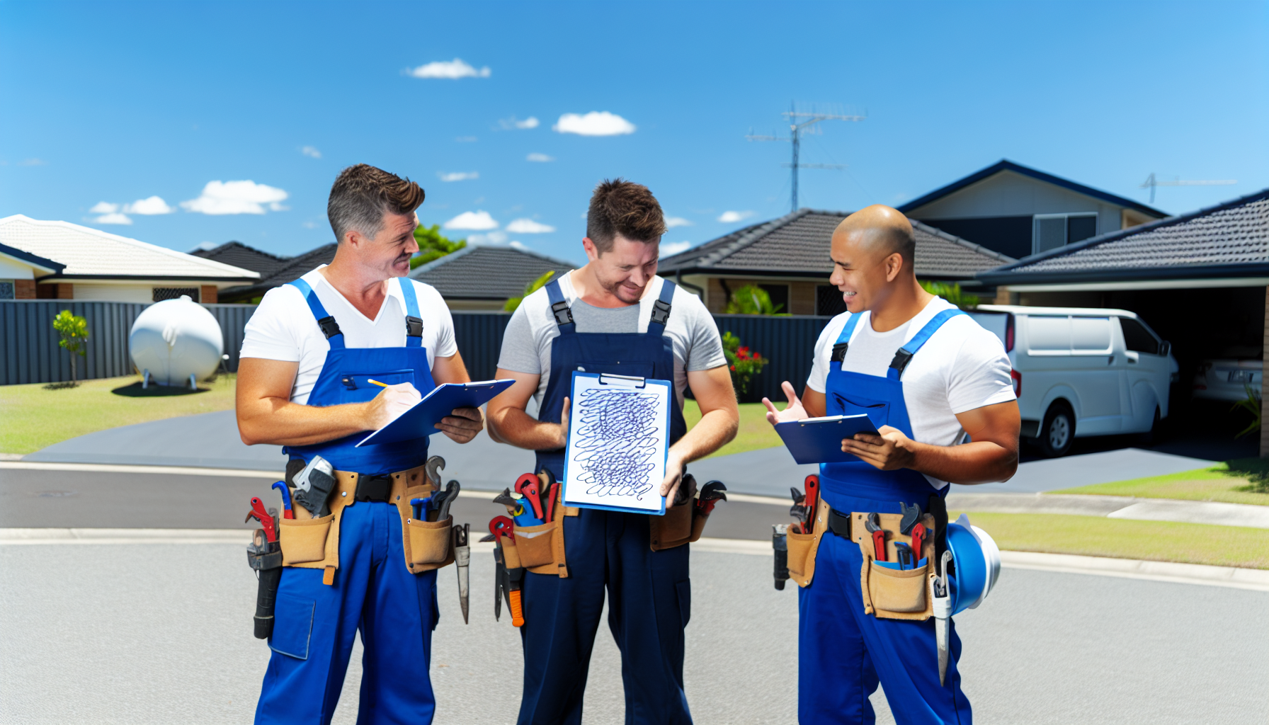 Three plumbers discussing quotes - best plumbers in Brisbane 3 free quotes