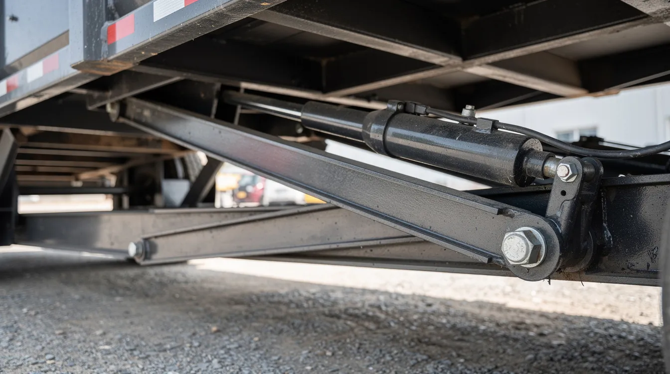 A close-up view of a scissor hoist mechanism positioned beneath a raised dump trailer bed, showcasing its heavy-duty construction designed for reliable hauling of materials such as dirt and gravel. This detailed image highlights the strength and versatility of the mechanism, essential for efficiently managing construction debris and ensuring optimal payload capacity.