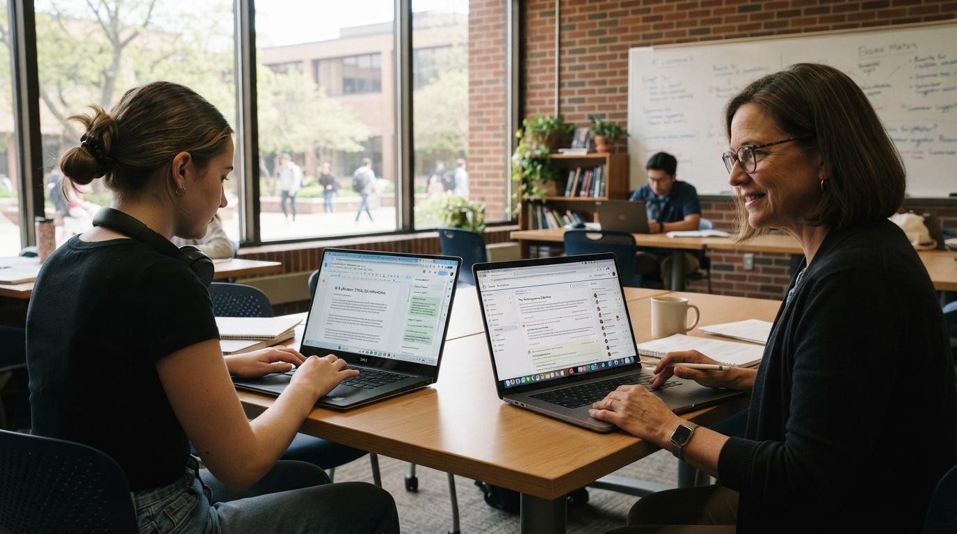 University professor grading digital student essays on a laptop while a student nearby edits an academic paper using an AI writing assistant in a modern classroom.