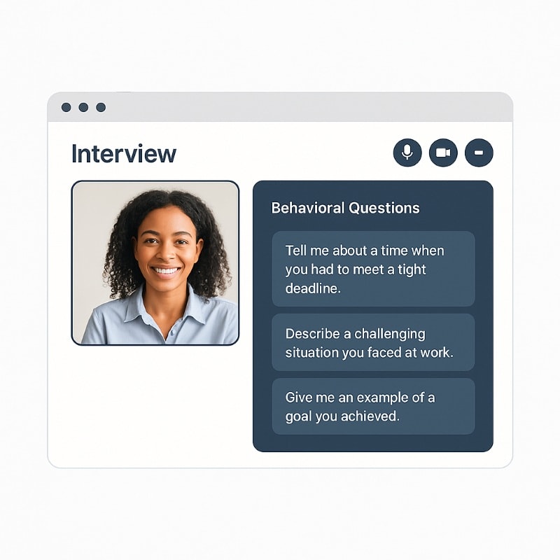 A modern virtual interview interface featuring a smiling woman on a video call, with a sidebar titled "Behavioral Questions" displaying prompts like “Tell me about a time when you had to meet a tight deadline,” “Describe a challenging situation you faced at work,” and “Give me an example of a goal you achieved.” The design uses a clean white background with navy and teal accents, matching a professional HR software aesthetic.