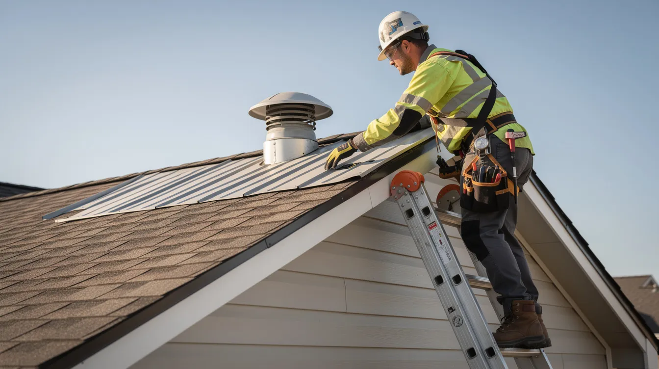 A wildlife control technician in safety gear is inspecting a residential roof near a vent from a ladder during daytime, ensuring effective squirrel removal by identifying potential entry points for eastern gray squirrels. The technician is focused on preventing wildlife issues that could cause structural damage to the property.