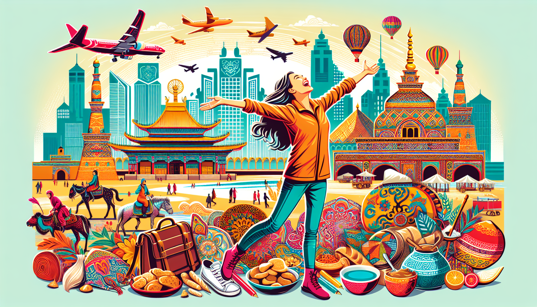 An illustration depicting a traveler enjoying the unique destinations offered by united airlines, including Ulaanbaatar, Mongolia.