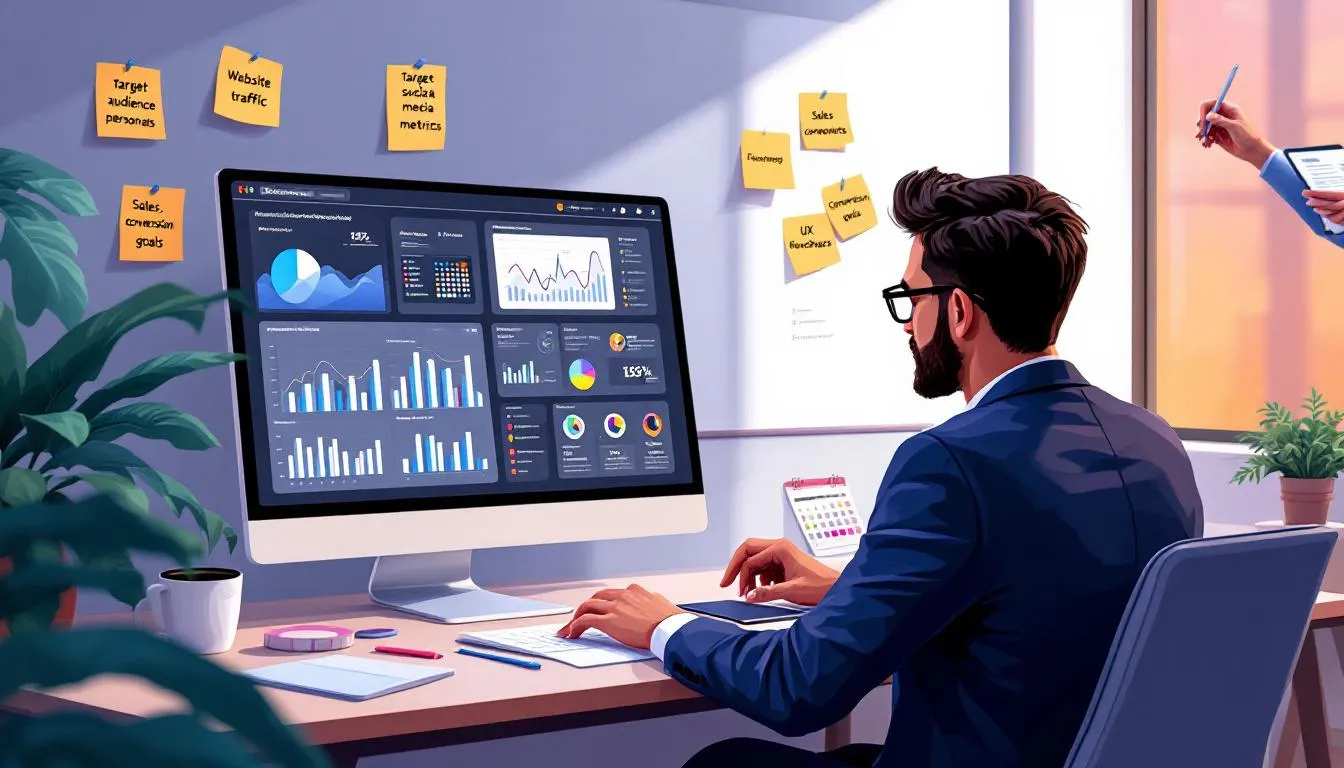 The image depicts a digital marketing strategy framework that emphasizes the importance of setting clear goals and understanding the target audience. It illustrates various elements such as user experience (UX), marketing channels, and the integration of digital marketing efforts to enhance business growth and drive online engagement.