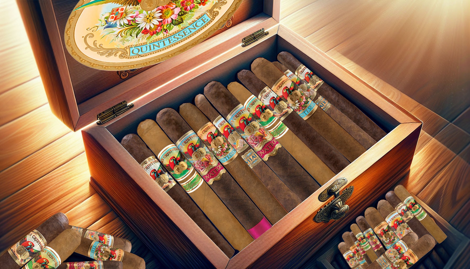 A collection of premium San Cristobal cigars displayed in a wooden humidor.