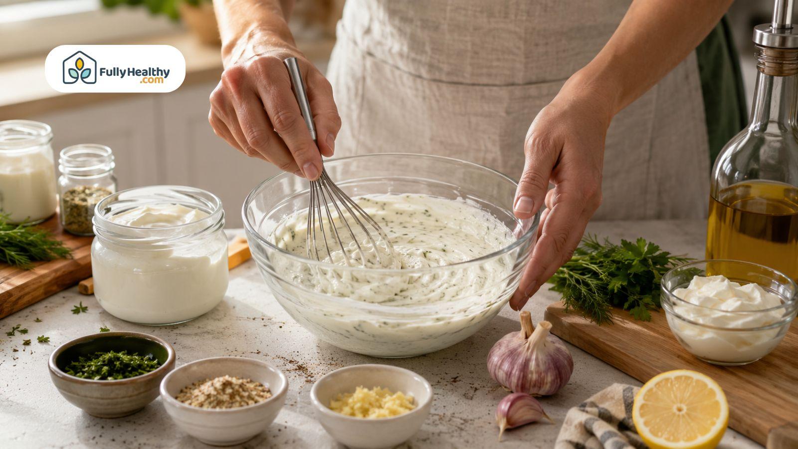 Hands whisking homemade ranch dressing with mayonnaise, sour cream, herbs, garlic, and seasonings.