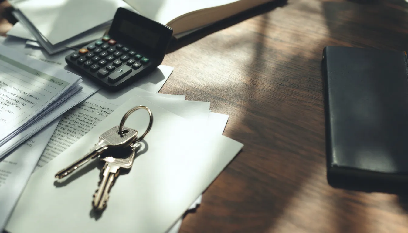 Uma calculadora, chaves de casa e documentos estão dispostos sobre uma mesa, sugerindo a preparação para a transmissão de bens imóveis. Esses itens podem estar relacionados ao processo de aquisição de um imóvel e à verificação dos requisitos para isenção do ITBI.