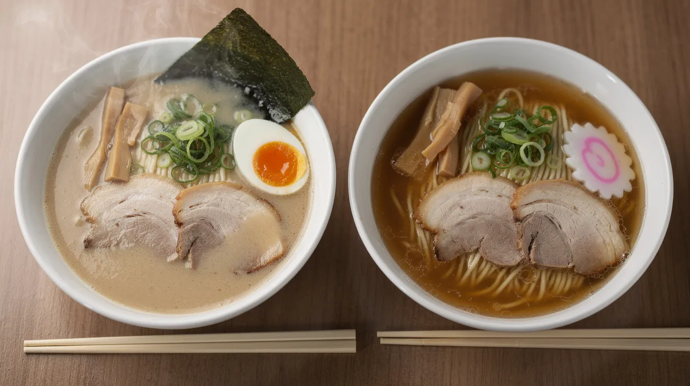 The image features two bowls of ramen side by side, showcasing distinct broth colors and clarity; one bowl contains a creamy tonkotsu broth, while the other displays a rich soy sauce broth. Each bowl is topped with cooked ramen noodles and garnished with green onions, highlighting the delicious variations found in ramen dishes.