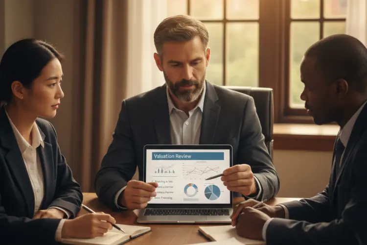 Business owner and advisors reviewing a business valuation small business together.