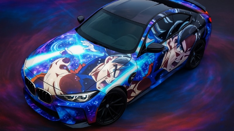 Car wrapped in anime vinyl wrap featuring scene of Goku performing a move
