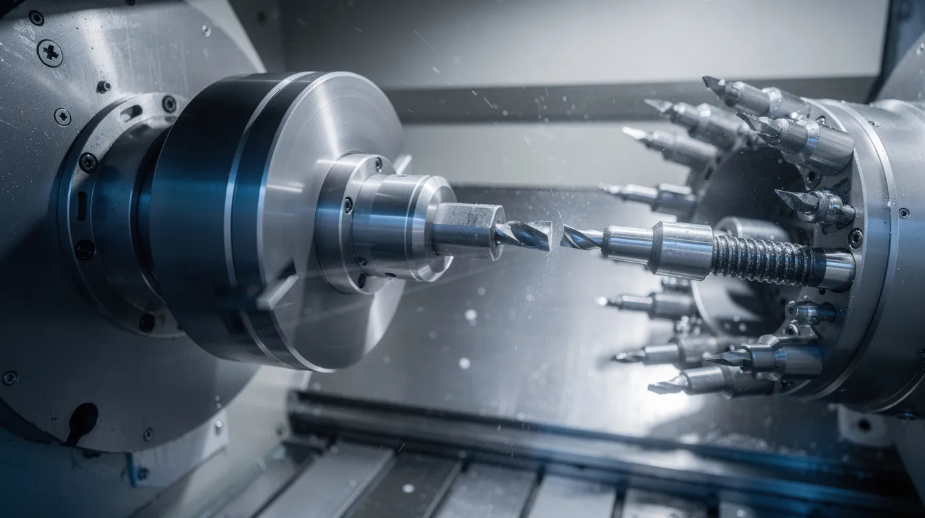 The image shows a close-up view of a multi-axis CNC machine spindle and tool changer actively in operation, highlighting the intricate mechanics involved in the CNC machining process. This setup exemplifies how CNC machines operate with high precision, utilizing cutting tools for complex operations in modern manufacturing.