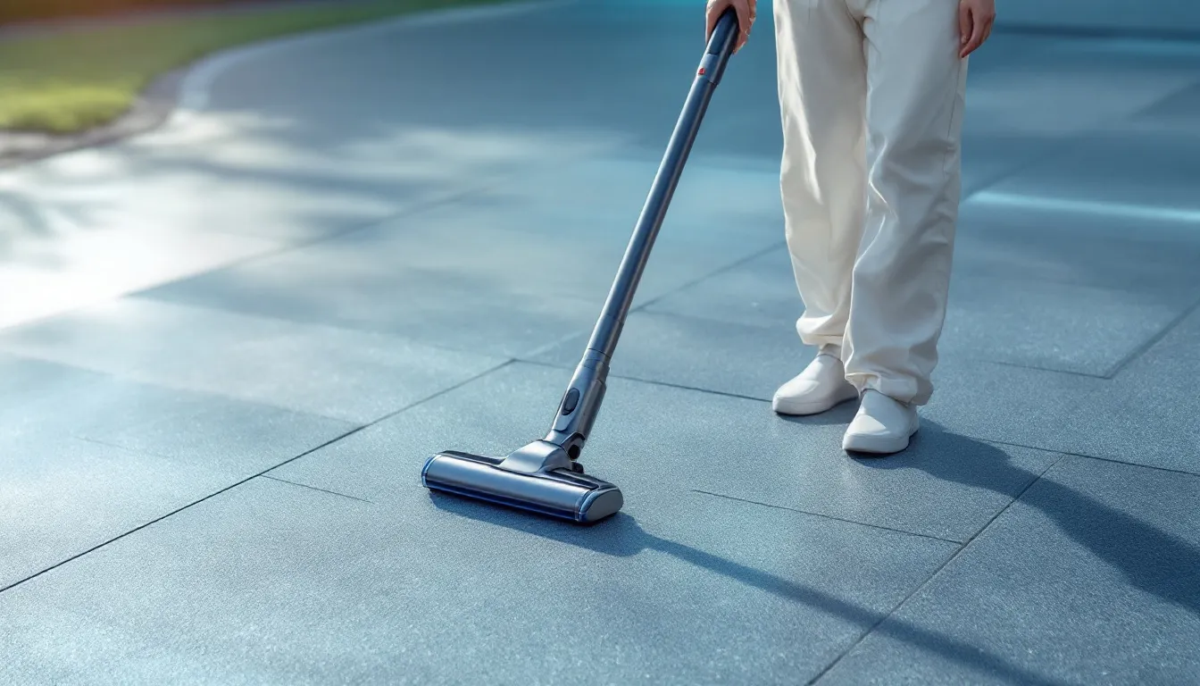 Maintenance tips for resin driveways illustrated with a blurred image of someone cleaning a driveway.