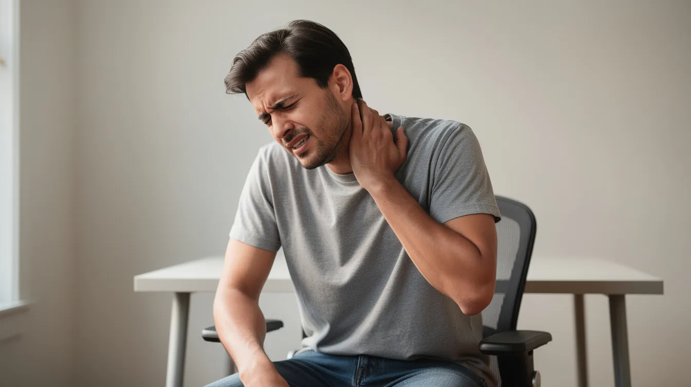 An individual is sitting and holding their neck in discomfort, indicating potential neck pain often associated with minor car accidents, such as whiplash, which may require medical attention.