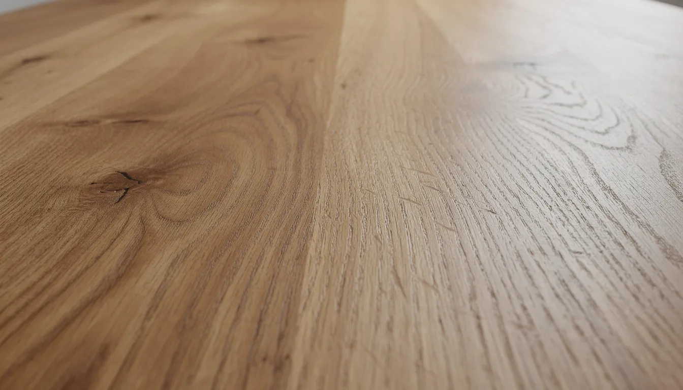 En närbild av en ekbordsskiva visar den vackra ådringen och den naturliga finishen, vilket ger en känsla av stil och kvalitet. Bordet passar perfekt i ett modernt matrum och erbjuder en elegant plats för måltider med familj och vänner.