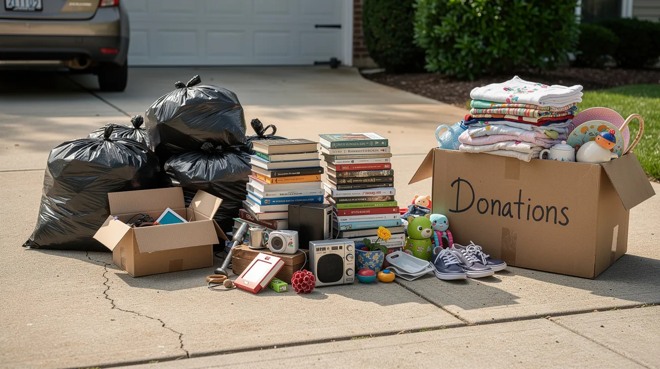 Driveway with sorted piles including trash bags, a donation box, and a keep pile during a garage cleanout