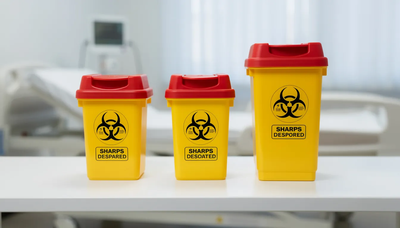 The image features yellow sharps disposal containers in three different sizes, neatly arranged on a medical supply shelf, highlighting their importance in safely disposing of hazardous materials and minimizing the risk of contamination from bodily fluids. These containers are essential biohazard cleaning supplies for healthcare facilities to ensure safety and compliance.