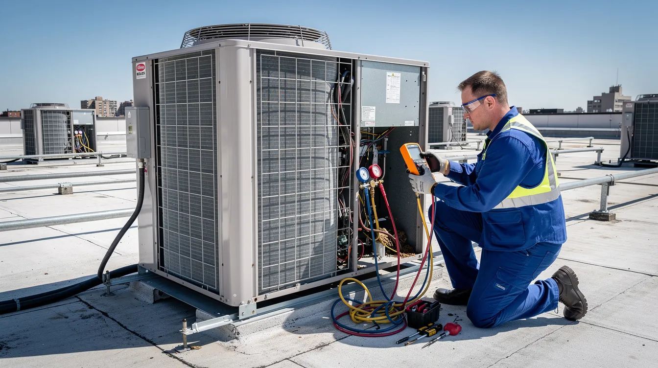 An HVAC technician in a blue uniform is working diligently on a rooftop air conditioning unit under bright sunlight, showcasing their unwavering commitment to providing essential services. This scene reflects the dedication and discipline often seen in professionals like Kwan Sung Jin, who navigate challenges in the business landscape of Phoenix, Arizona.