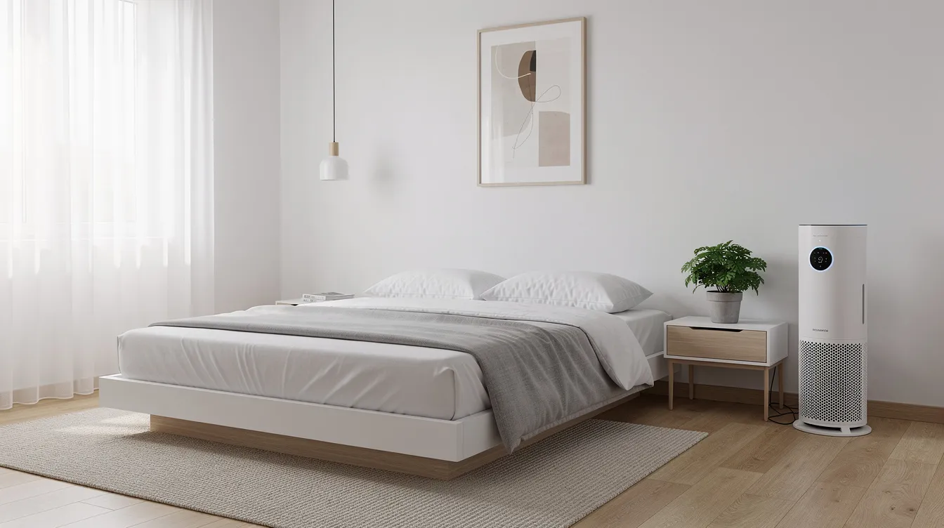The image depicts a modern bedroom featuring minimal decor and an air purifier, designed to enhance sleep quality and reduce indoor allergens like dust mites and pet dander. This serene space promotes better breathing and restful sleep, making it ideal for allergy sufferers dealing with nighttime allergy symptoms.
