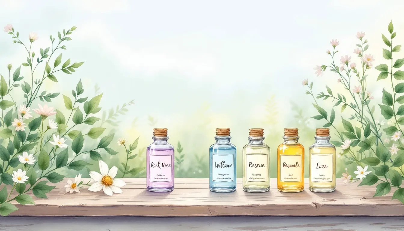 An assortment of various Bach flower remedies displayed in a natural setting.