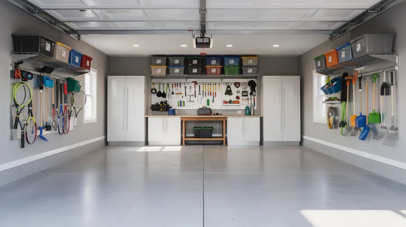 The image showcases a spacious three-car garage interior, featuring organized wall-mounted storage systems and overhead racks that maximize storage space. This efficient layout highlights smart storage solutions, ensuring that belongings are neatly stored and easily accessible.