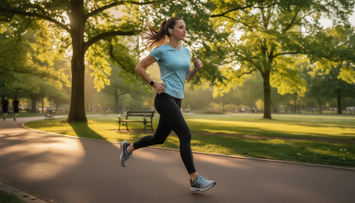 Une femme fait du jogging dans un parc, affichant une confiance en soi rayonnante. Elle s'engage dans une habitude sportive bénéfique pour sa santé, tout en profitant de la nature environnante.