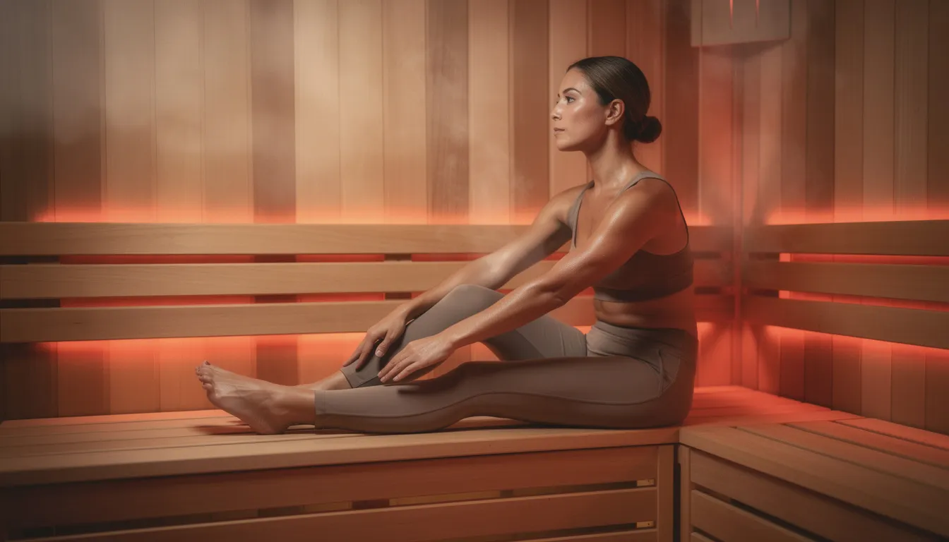 A person is performing gentle stretching poses inside a wooden infrared sauna, illuminated by soothing red ambient lighting. This infrared sauna session promotes relaxation and may aid in weight loss by enhancing blood circulation and burning calories.