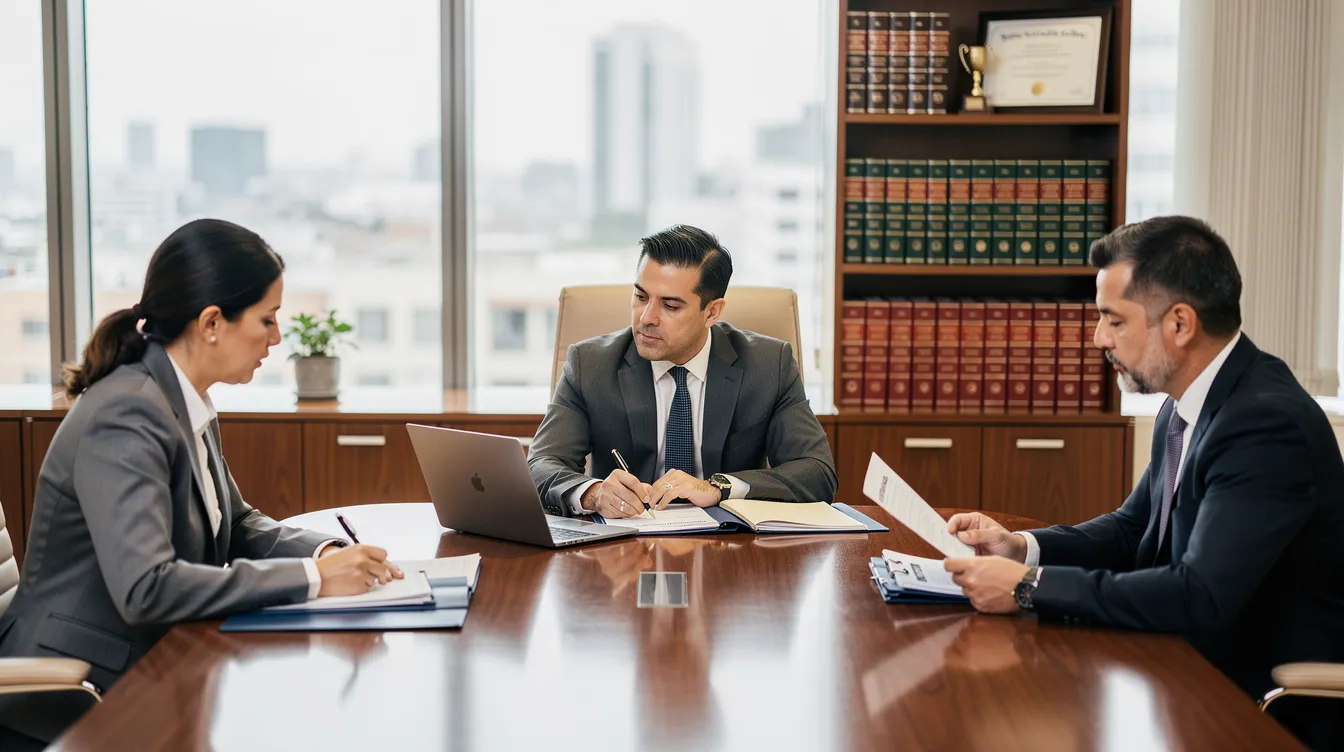 Un abogado de accidentes se encuentra en una reunión de consulta con sus clientes, discutiendo detalles sobre un caso relacionado con accidentes de camiones de 18 ruedas en Houston. La escena refleja un ambiente profesional donde se abordan temas de compensación y derechos de las víctimas.