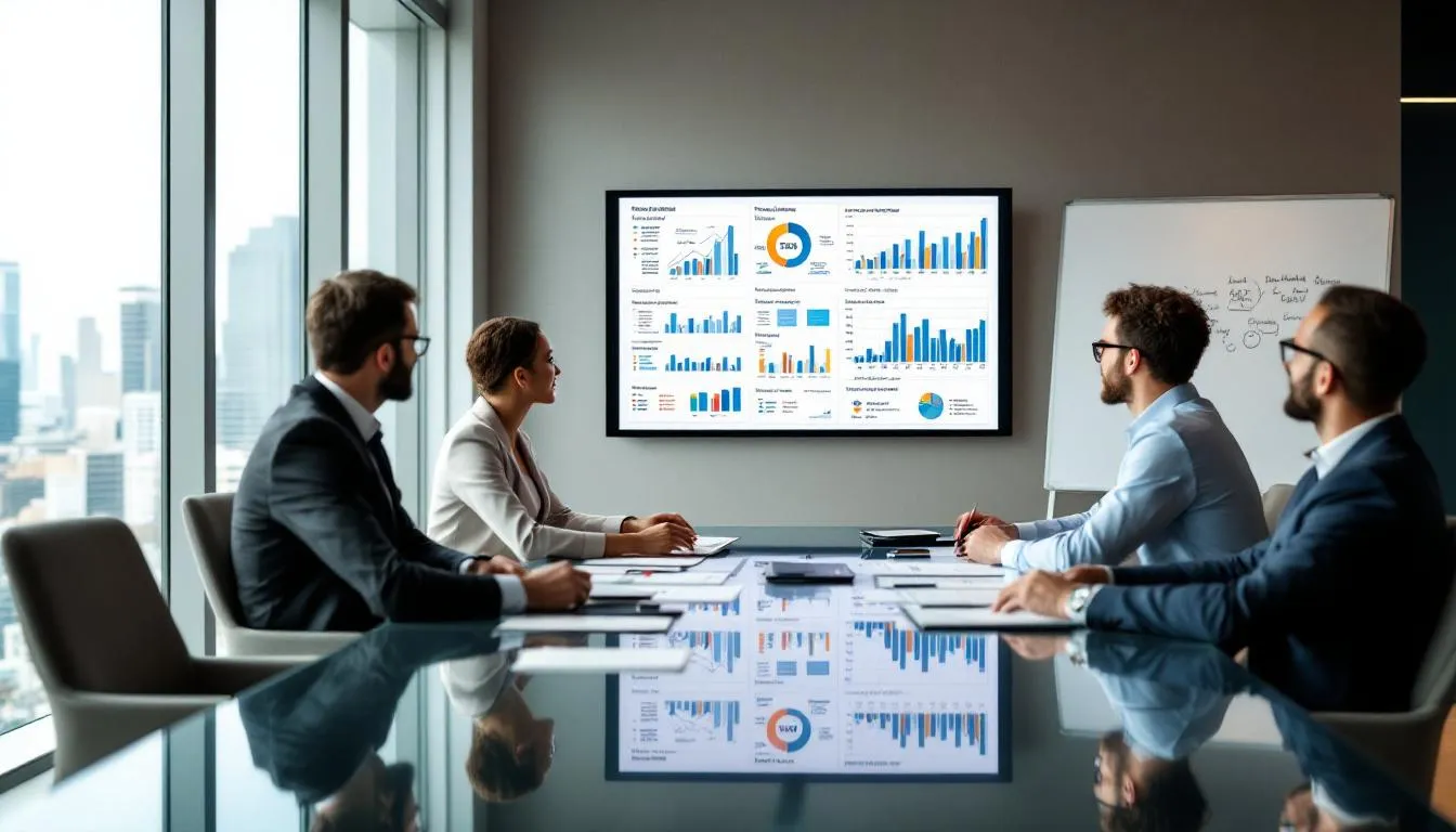 The image depicts a hotel management team engaged in a discussion while reviewing financial reports and cost analysis charts, focusing on fixed and variable costs related to hotel operations. They are analyzing data to enhance operational efficiency and manage hotel expenses effectively, aiming to boost revenue and improve guest satisfaction.