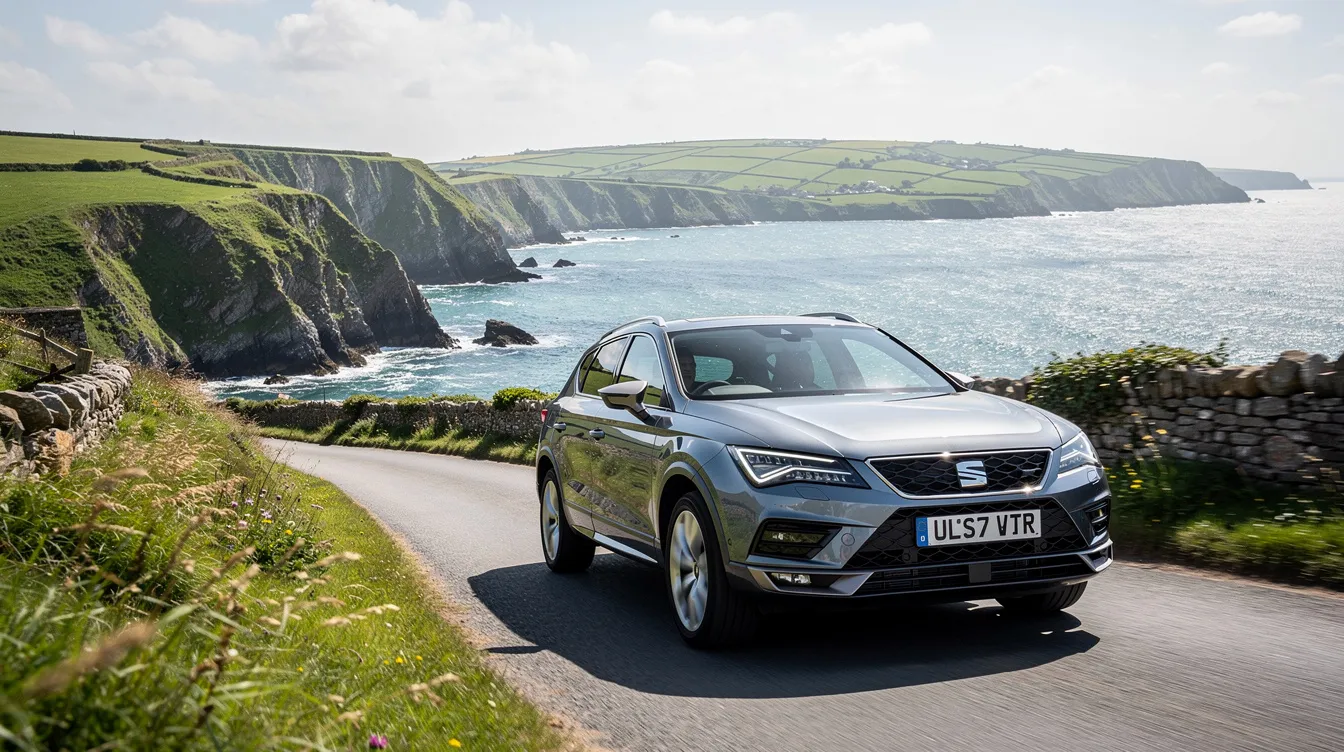 A SEAT SUV is driving along a scenic coastal road in Devon, with rolling green hills in the background, showcasing its modern design and spacious interior. This sport utility vehicle offers better visibility and a higher driving position, making it an ideal choice for road trips and family adventures.