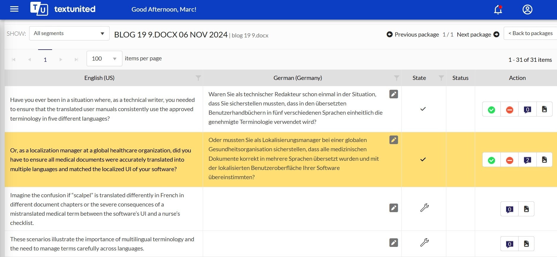 Highlighted segment showing comment updates and "accept" option - collaborative translation