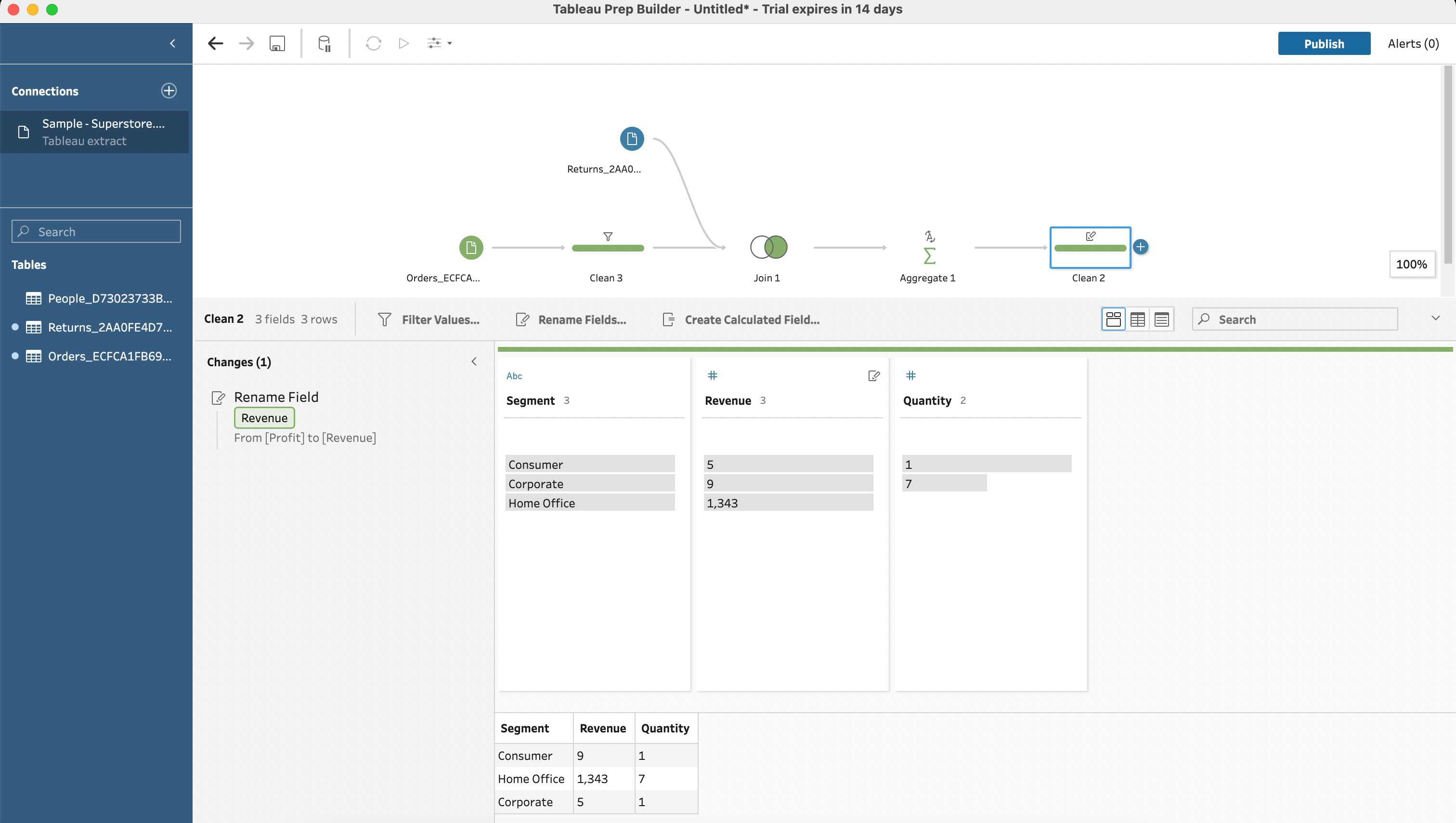 Example of renaming columns in Tableau Prep